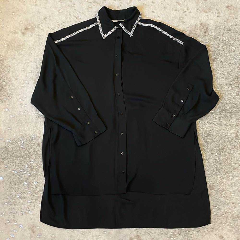 Zara Black Tunic Collared Blouse with Pearl Detail